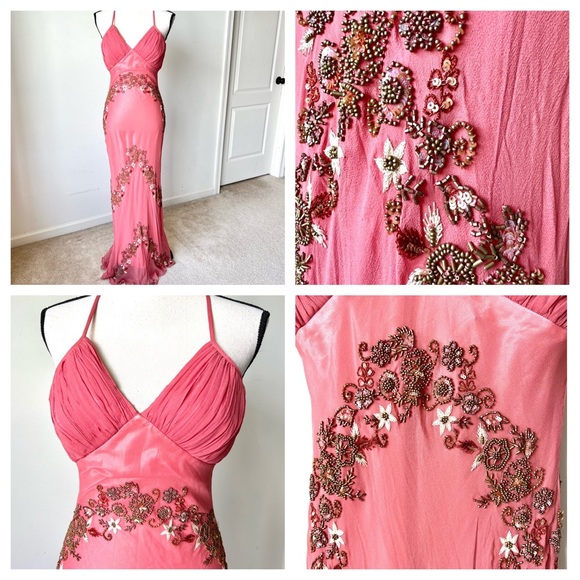 Vintage 90s 100% Silk Bead Dress Silk Dress Floral Prom Dress Fairy Cottage Pink - Picture 6 of 17